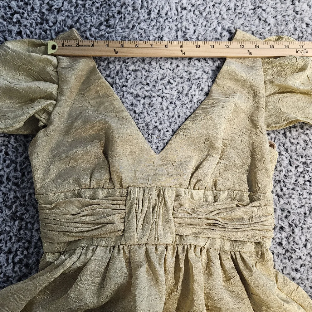Basix II Gold Mini Dress Sz 4 Small Puff Sleeve Coquette Victorian Wedding Party - Picture 7 of 12